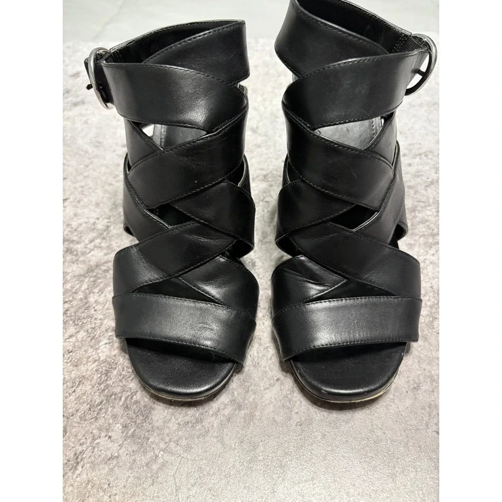 Michael Kors Womens Black Leather Strappy Block Heel Sandals Caged Ankle 6M